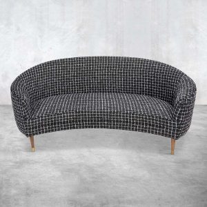 Art Deco Petite Sofa in Knit Black Linen with Oiled Walnut and Brushed Brass Legs