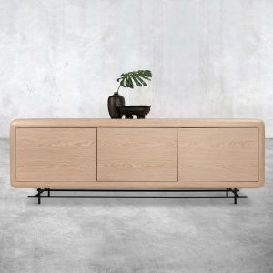 Kuta 3 Door Credenza in White Washed Oak and Matte Black Metal Base