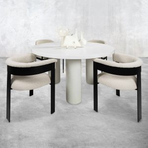 Oia Round Dining Table with Matte White Top and White Washed Oak Base