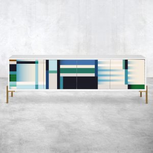 Blue Green Geometry Printed 4 door Credenza